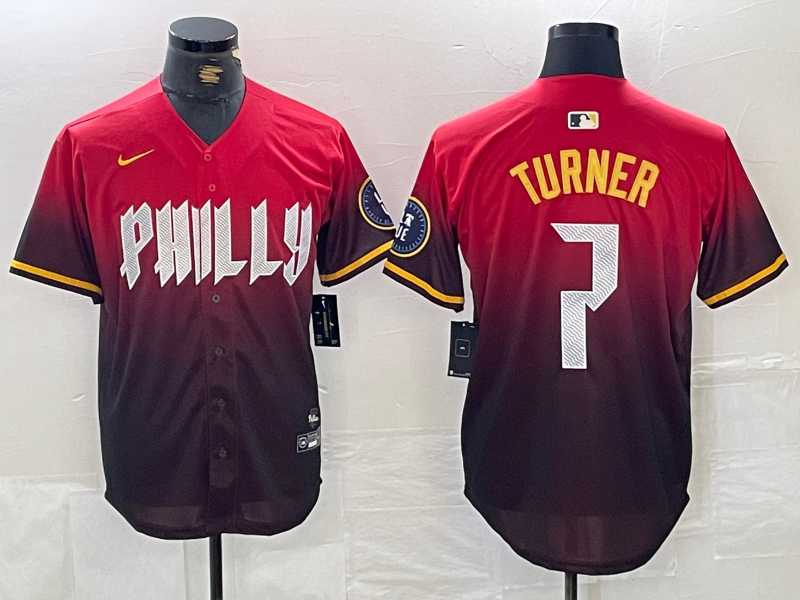 Men%27s Philadelphia Phillies #7 Trea Turner Red 2024 City Cool Base Jersey
